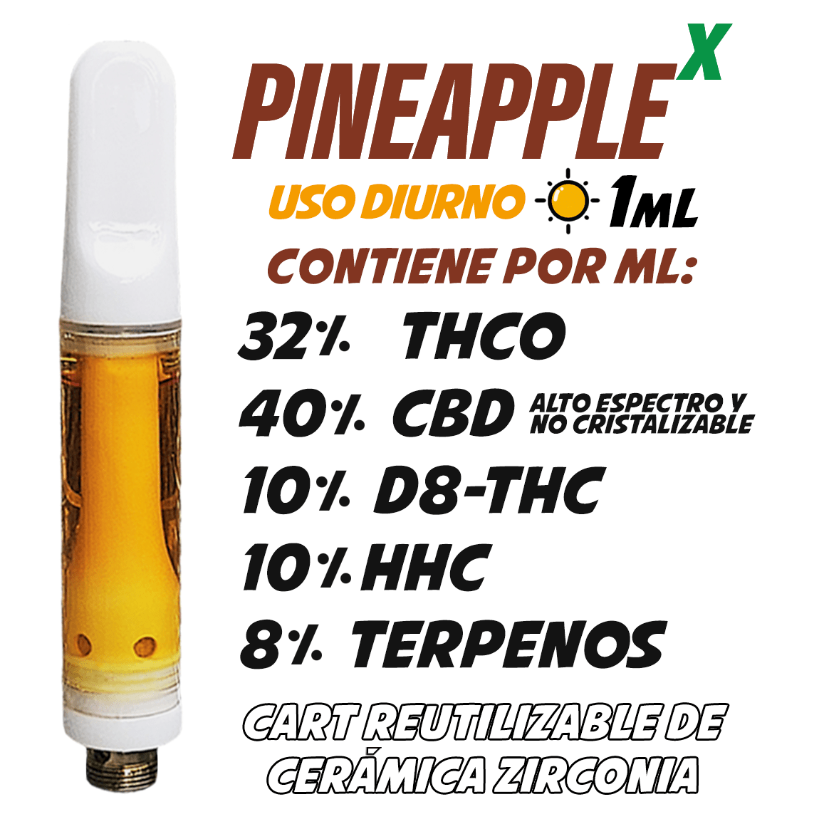 Cartucho Reutilizable de Cerámica 1 mL | Pineapple X | Uso Diurno directo en Colombia | Connabis Colombia