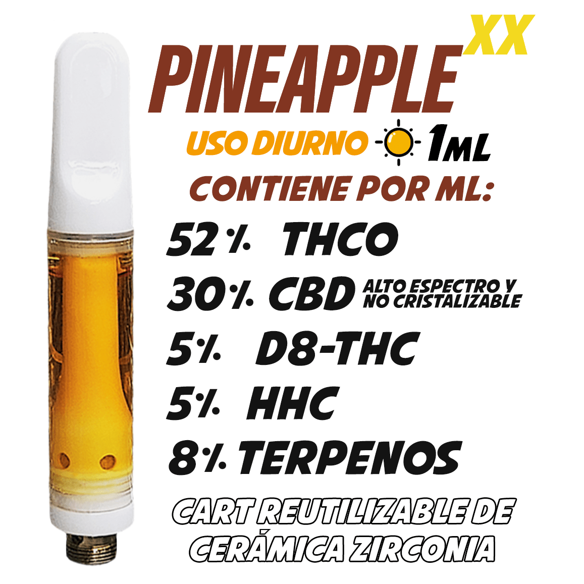 Cartucho Reutilizable de Cerámica 1 mL | Pineapple XX | Uso Diurno directo en Colombia | Connabis Colombia