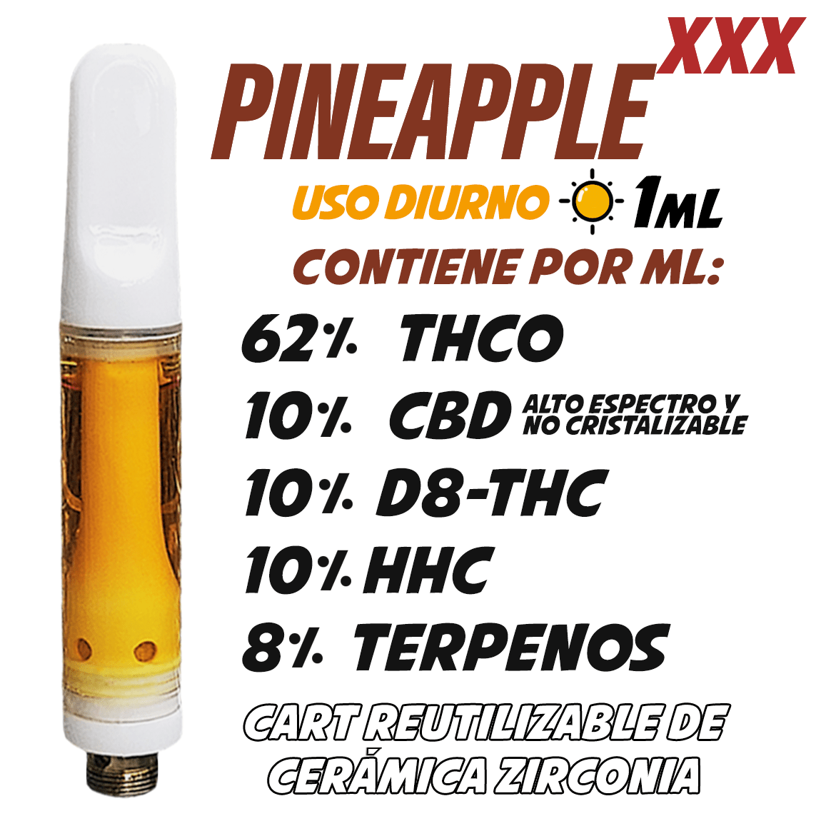Cartucho Reutilizable de Cerámica 1 mL | Pineapple XXX | Uso Diurno directo en Colombia | Connabis Colombia