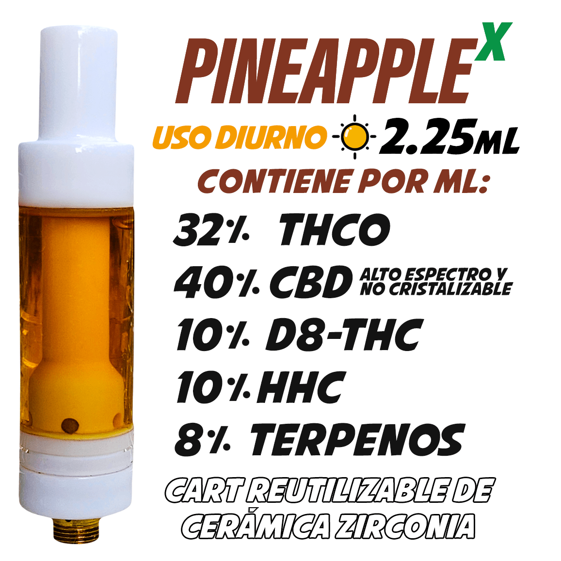 Cartucho Reutilizable de Cerámica 2.25 mL | Pineapple X | Uso Diurno directo en Colombia | Connabis Colombia