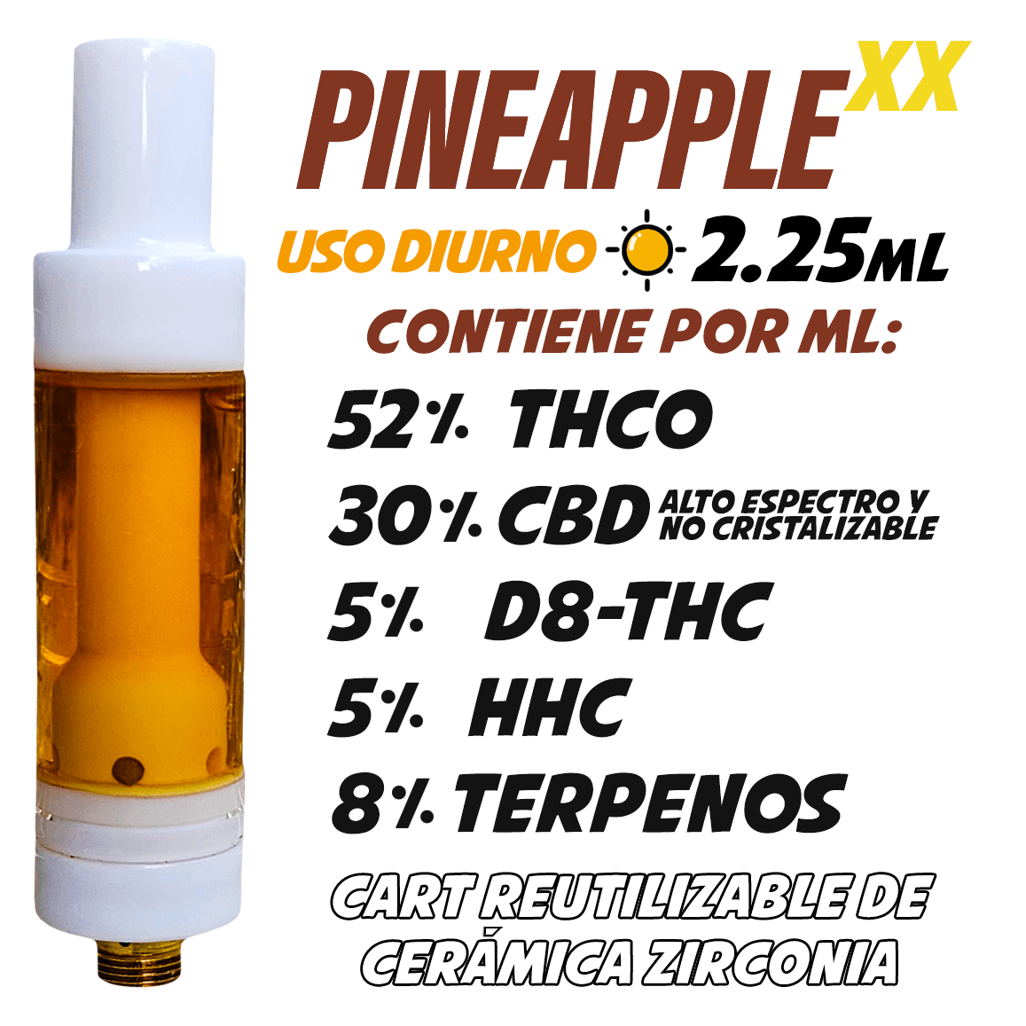 Cartucho Reutilizable de Cerámica 2.25 mL | Pineapple XX | Uso Diurno directo en Colombia | Connabis Colombia
