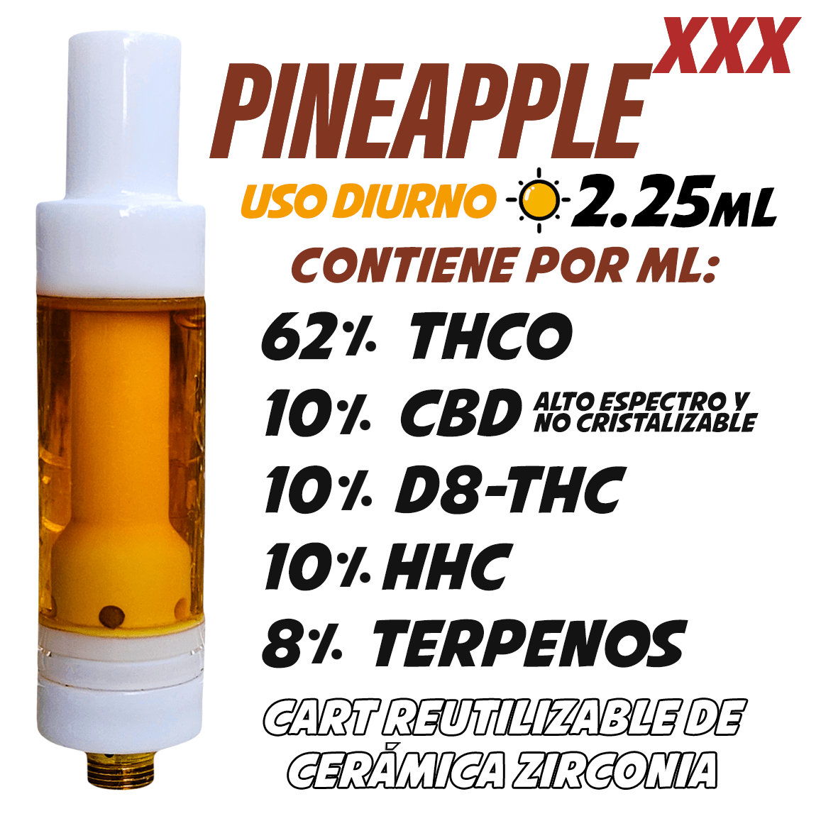Cartucho Reutilizable de Cerámica 2.25 mL | Pineapple XXX | Uso Diurno directo en Colombia | Connabis Colombia
