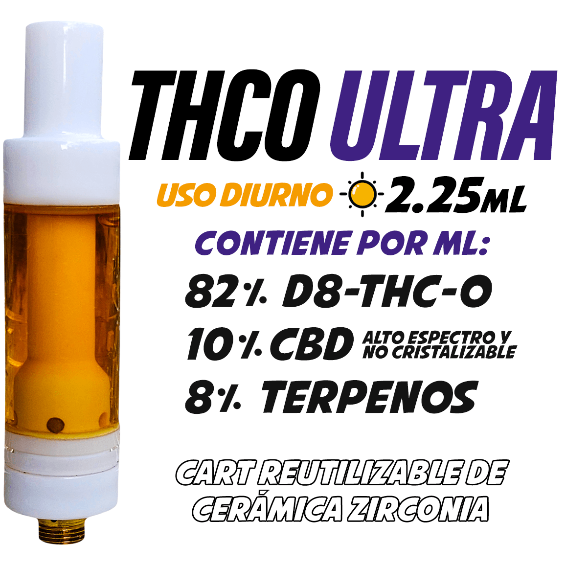 Cartucho Reutilizable de Cerámica 2.25 mL | THCO ULTRA | Uso Diurno directo en Colombia | Connabis Colombia