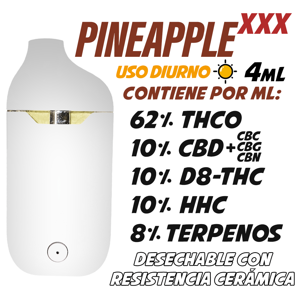 Desechable de Cerámica 4 mL | Pineapple XXX | Uso diurno directo en Colombia | Connabis Colombia