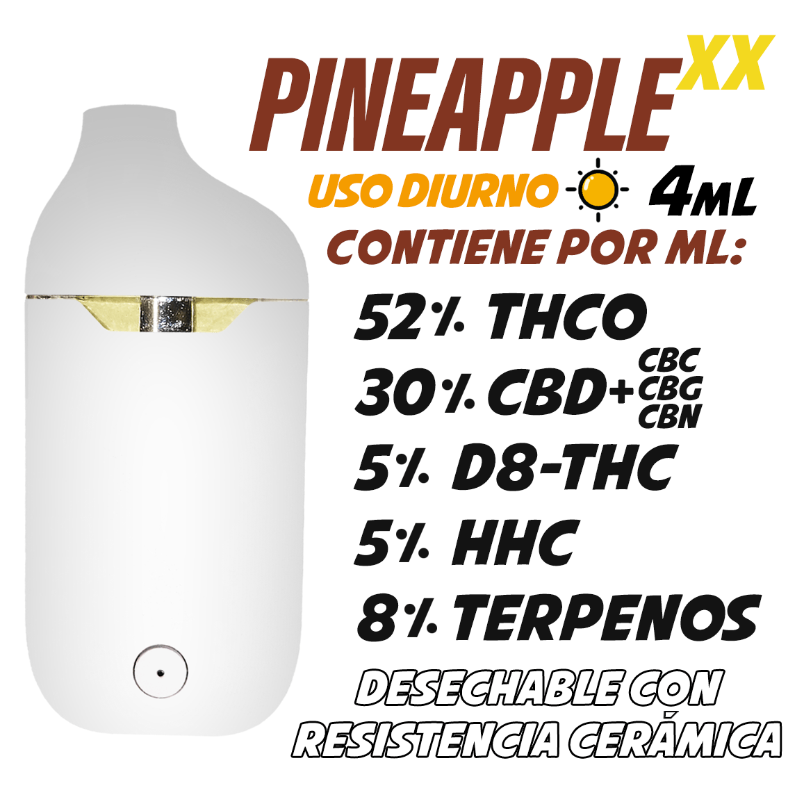 Desechable de Cerámica 4 mL | Pineapple XX | Uso diurno directo en Colombia | Connabis Colombia